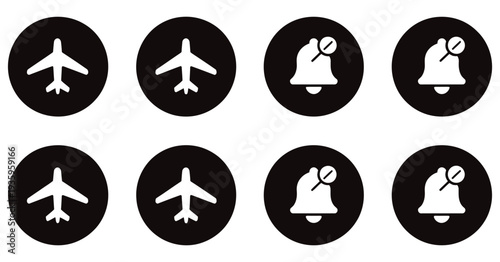 Airplane mode icon set with silent bell and mute speaker symbol, long shadow flat design, mobile notification off concept, sound disabled control, and smartphone settings vector
