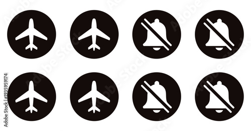 Airplane mode, silent bell, and mute speaker icon collection with long shadow effect, notification disabled sign, sound off symbol, mobile settings control, and communication restriction vector design