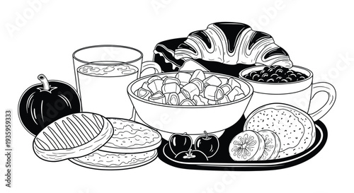 A still life illustration depicts breakfast foods including pastries fruit and cereal rendered as a silhouette high quality professional detailed modern