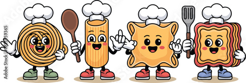 Four friendly pasta characters dressed as chefs, holding kitchen utensils like a spoon, spatula, and serving fork, on a white background.