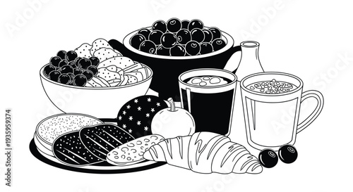 A still life composition showcasing breakfast items like fruit pastries and beverages in a striking silhouette high quality professional detailed modern