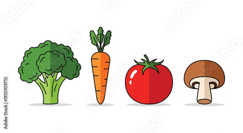 A colorful arrangement of broccoli carrot tomato and mushroom depicted in a flat simplistic silhouette high quality professional detailed modern elegant