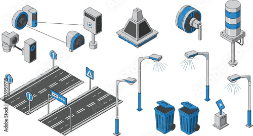 Smart urban IoT street elements including sensors and connectivity for intelligent city infrastructure.