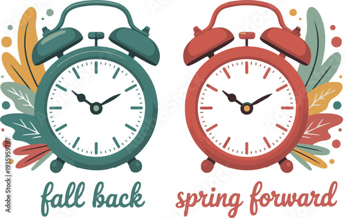 Daylight Saving Time concept. The clocks moves forward one hour. Floral landscape with text Spring Forward, the hand of the clocks turning to summer time, for website design.