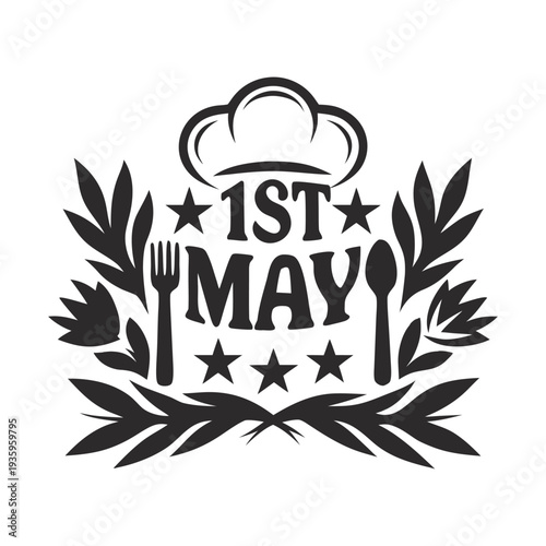 May day t-shirt Black and white 1st May culinary emblem with chef hat fork spoon and laurel leaves