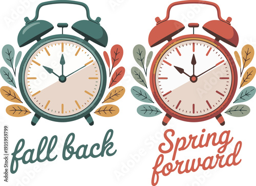 Daylight saving time. Summer fall back and spring forward alarm clocks set.