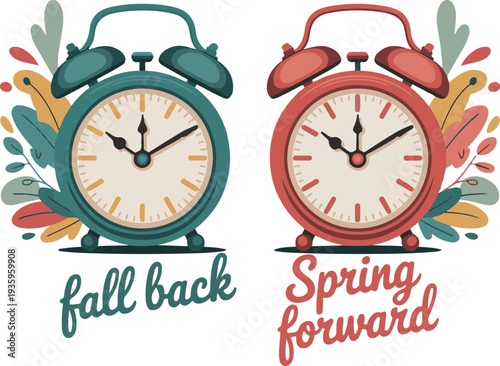 Daylight Saving Time vector illustration. The clocks moves forward one hour to daylight-saving time. Floral decoration,