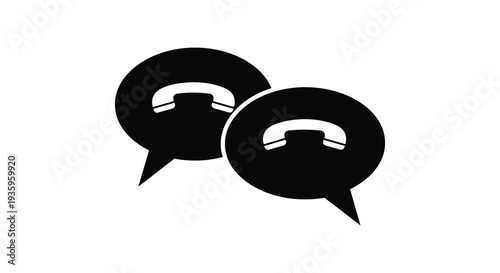 Two overlapping speech bubbles each containing a telephone handset creating a communication concept silhouette high quality professional detailed modern elegant stylish