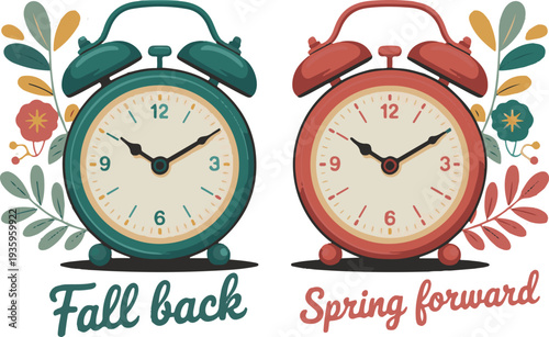 Daylight saving time icons showing spring forward and fall back .