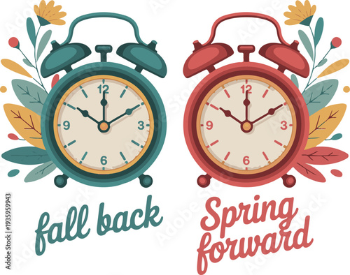Spring forward and fall back concept in flat style, change clock forward and back one hour, Daylight Saving Time web vector