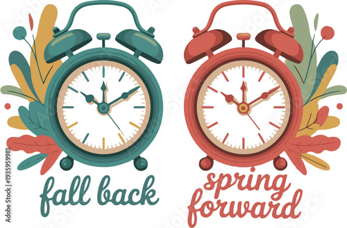 Daylight saving time concept with alarm clock time change, vector illustration