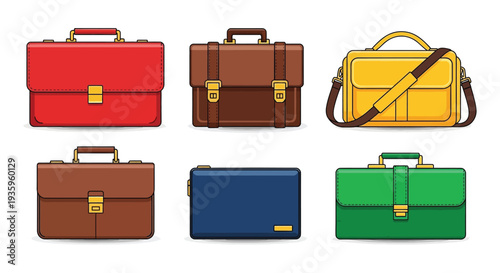 A colorful collection of leather briefcases and bags presented in a flat illustrative style silhouette high quality professional detailed modern