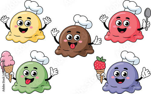 Collection of cute, smiling ice cream characters with chef hats, in various flavors and holding spoons or cones. Perfect for kids' menus or sweet treat designs.