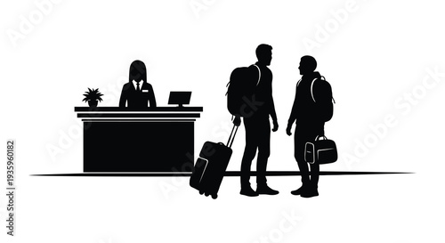 A hotel reception scene depicts guests checking in with a staff member utilizing a minimalist silhouette high quality professional detailed modern