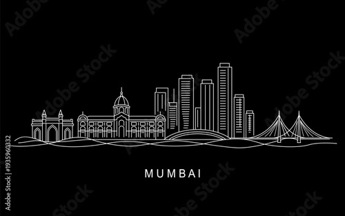 A minimalist black and white vector illustration depicting a continuous cityscape featuring iconic landmarks of Mumbai, India. Flat vector illustration isolated on a white background.