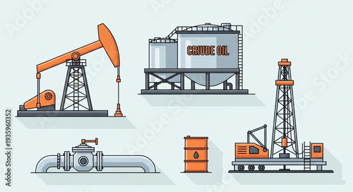 Oil industry equipment including pumpjack drilling rig and storage tank.