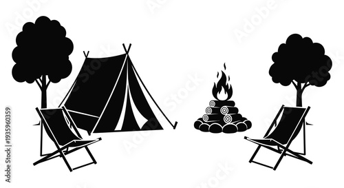 A minimalist scene depicts camping elements a tent campfire chairs and trees in black silhouette high quality professional detailed