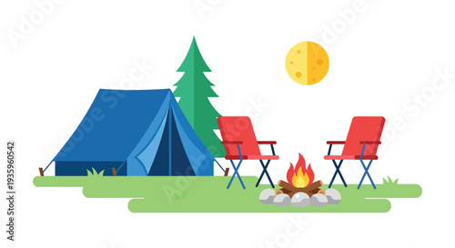 A vibrant camping scene depicts a tent campfire and chairs under a golden moon presented as a silhouette high quality professional