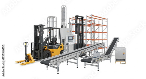 Industrial warehouse equipment including forklifts and conveyor belts.