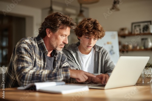 Dad guiding his teen son through laptop homework in a cozy at-home study moment