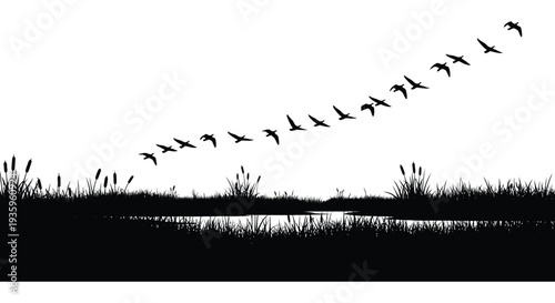 A flock of birds flies over a grassy field and reflective water creating a dramatic silhouette high quality professional detailed modern
