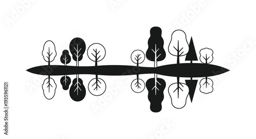 Minimalist landscape featuring black trees and a dark landmass against a white background rendered as a striking silhouette high quality professional