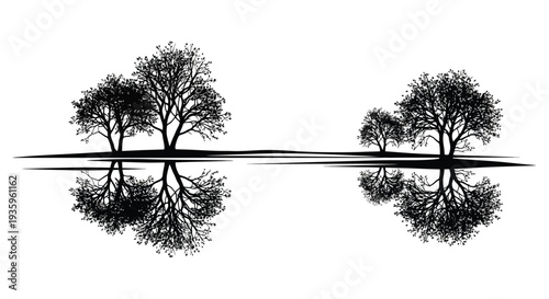 A stark black and white landscape displays trees and their reflections creating a serene and dramatic silhouette high quality professional detailed