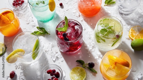 Overhead view of a colorful cocktail assortment on a white background, assorted glassware and fresh garnishes