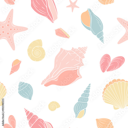 Pastel seashell seamless pattern. Includes different ocean shells such as scallops, spiral shells and conchs
