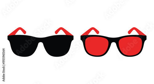 Four pairs of sunglasses are displayed alternating in color between black and vibrant red silhouette high quality professional detailed modern elegant
