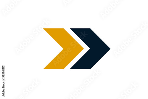 A sleek icon featuring two bold right-pointing arrows, yellow and dark blue, symbolizing forward movement and clear direction.