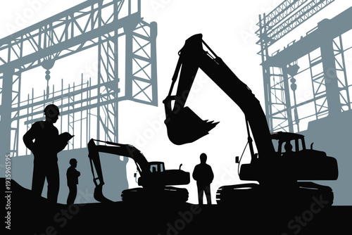 Crane and steel structure erection on construction site