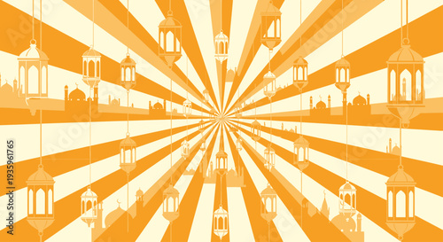 Ramadan Lanterns and Mosque Silhouettes on Sunburst Background