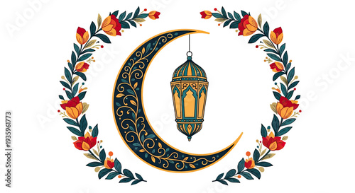 Ramadan Kareem Crescent Moon and Lantern with Floral Wreath