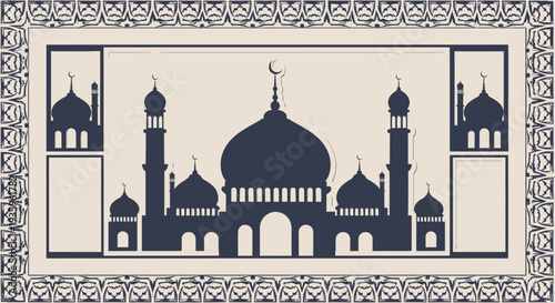 Islamic Mosque Silhouette with Crescent Moon and Border Pattern