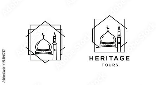 Mosque icon, Islamic architecture, heritage tours logo, geometric frame, minimalist linework