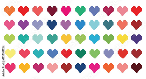 A vibrant arrangement of pixelated hearts in a rainbow spectrum creates a visually appealing colorful display silhouette high quality professional detailed