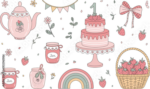 Tea Party and Berry Delight: Vintage teapot, tiered cake, jam jars, strawberry basket, and rainbow for a charming garden party or celebration.