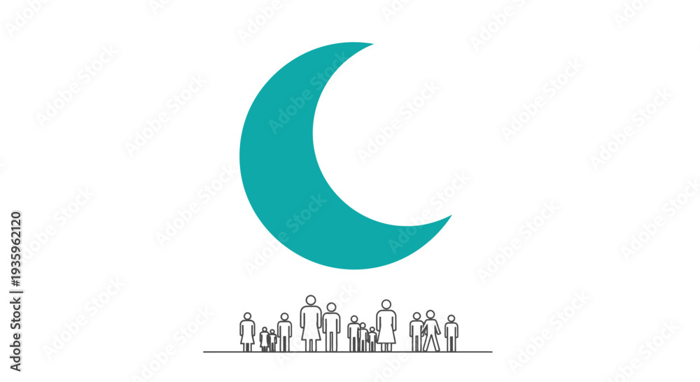 Obraz premium Teal Crescent Moon Above Diverse Group of People Silhouette