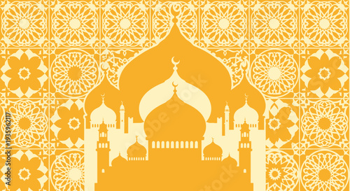 Islamic Mosque Silhouette with Arabic Geometric Patterns Background