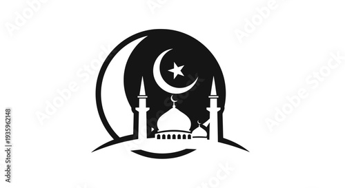 Islamic crescent moon and star with mosque silhouette