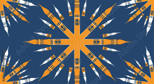 Symmetrical Orange and White Tower Pattern on Dark Blue Background