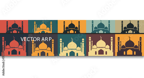 Islamic mosque silhouette pattern, colorful background, middle eastern architecture design