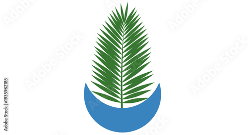 Green palm frond emerges from a blue crescent moon shape on a white background