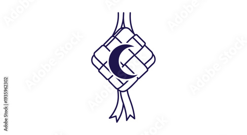 Ketupat Icon with Crescent Moon and Star - Islamic Holiday Symbol