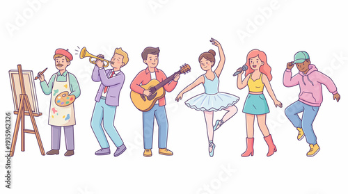 Artistic people in various creative activities, including painting, playing musical instruments, dancing, and singing, showcasing diverse talents and hobbies
