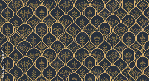 Elegant Damask Pattern Navy Blue and Gold Seamless Textile Background