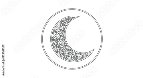 Intricate Crescent Moon Emblem with Ornate Pattern Inside Circle on White Background