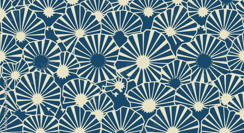Abstract Floral Pattern, Decorative Blue and Cream Geometric Fan Shapes