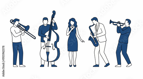 Musicians performing on stage with various instruments including trumpet, double bass, saxophone, and singer